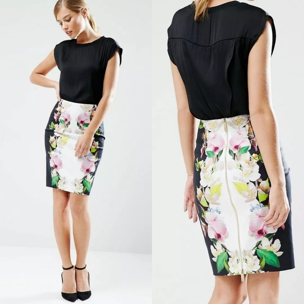 TED BAKER Forget Me Not Dayian Black floral Print Pencil Skirt Sz US2 / Ted0